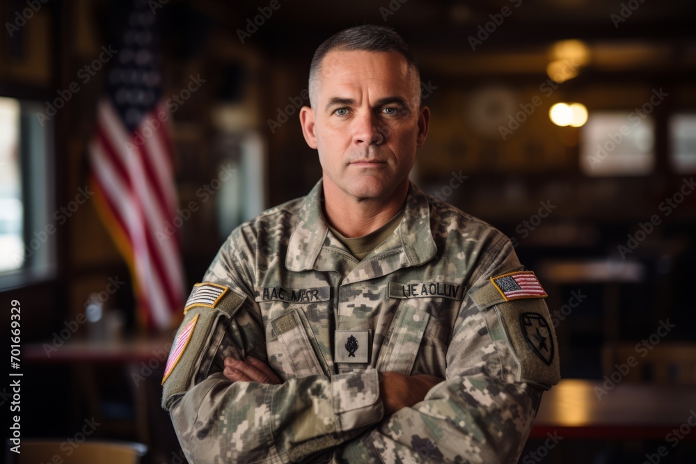 Portrait of mature military man in uniform standing with arms crossed in restaurant