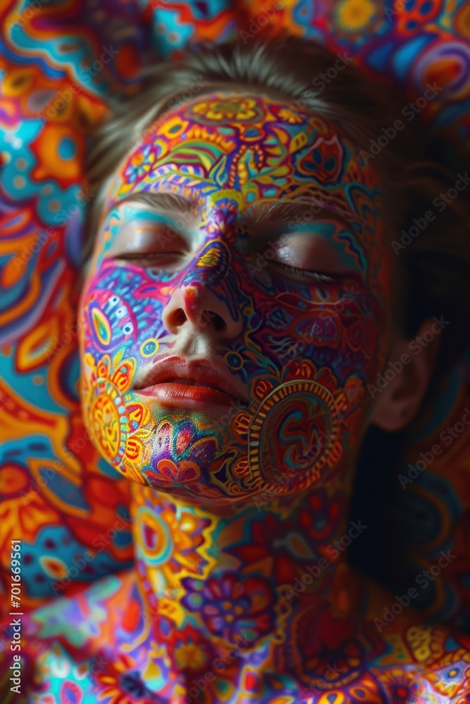 An artistic depiction of a human face adorned with vibrant and intricate paint, capturing the essence of beauty and self-expression An artistic depiction of a human face adorned with vibrant and intricate paint, capturing the essence of beauty and self-expression