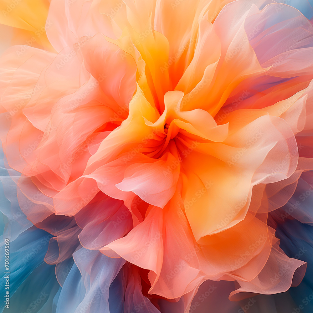 A close-up of a blossoming flower with delicate petals unfolding in a gradient of peach, pink and soft blue hues. Natural natural beauty. Wellness and Spa