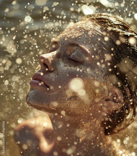 A woman's face sparkles with glitter as she blows bubbles in the sun-kissed water, embracing the whimsy of the great outdoors