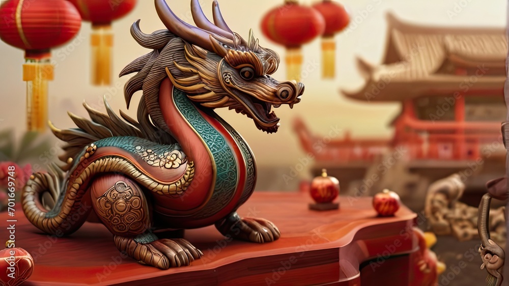 Fototapeta premium Chinese dragon statue with red lanterns in background, closeup