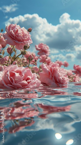 A delicate pink rose blossom floats gracefully in a serene pool of water, surrounded by lush green plants and fluffy clouds in the bright spring sunshine