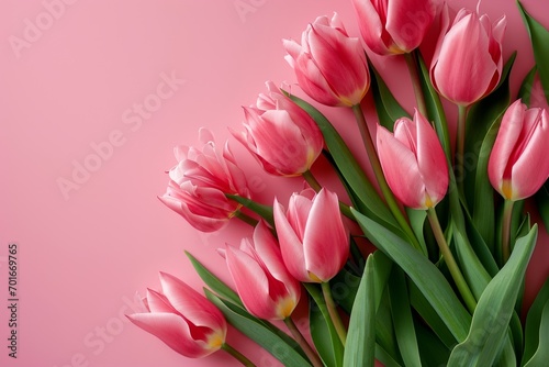 A vibrant spring scene filled with delicate pink tulips, their petals glowing in the sunlight as they sway on their sturdy herbaceous stems © lagano