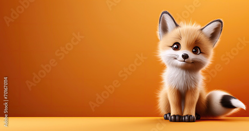 cute cartoon character fox on orange isolated background with copy space