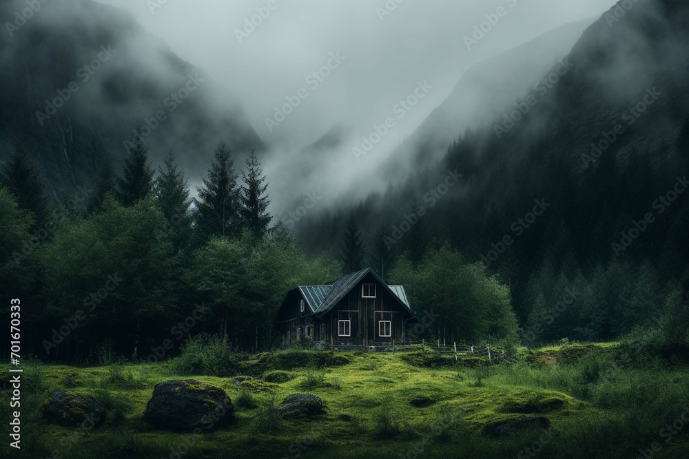 Wooden house in green nature on gloomy day