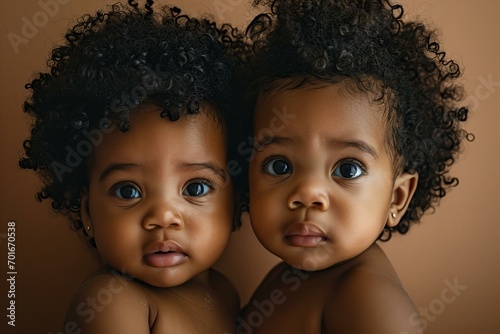 Cute black identical twin toddlers on a pastel brown background, studio shot, candid photo