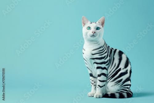 Cat with zebra stripes on pastel blue background. AI generative art © Drpixel