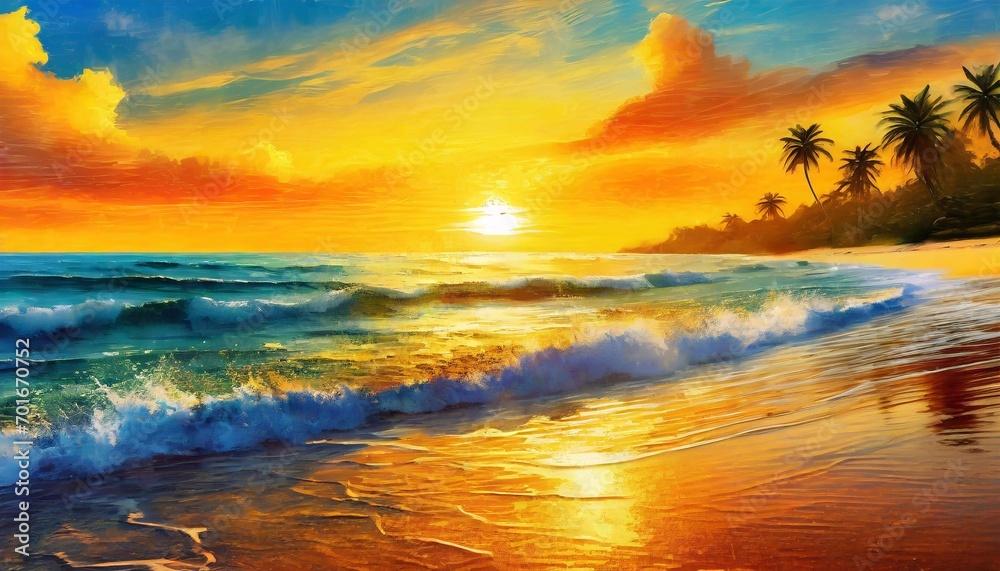 Coastal Harmony: Illustrated Seascape with Golden Orange Sunset for Chinese New Year
