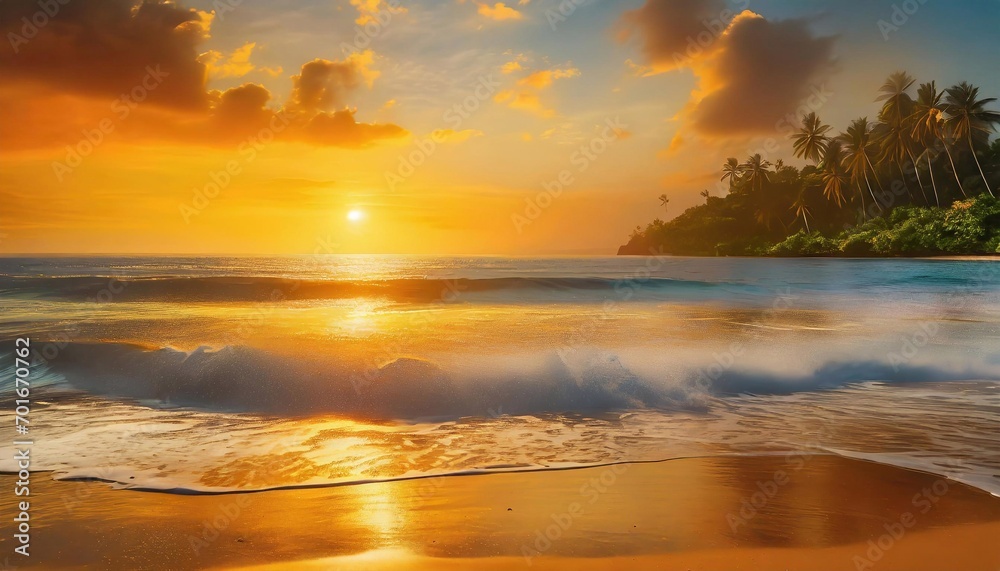 Radiant Retreat: Orange Sunset Seascape by the Tropical Shore