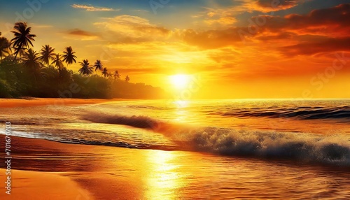 Sunset Tranquility: Tropical Beach Seascape Bathed in Golden Orange Hues