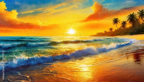 Coastal Harmony  Illustrated Seascape with Golden Orange Sunset for Chinese New Year