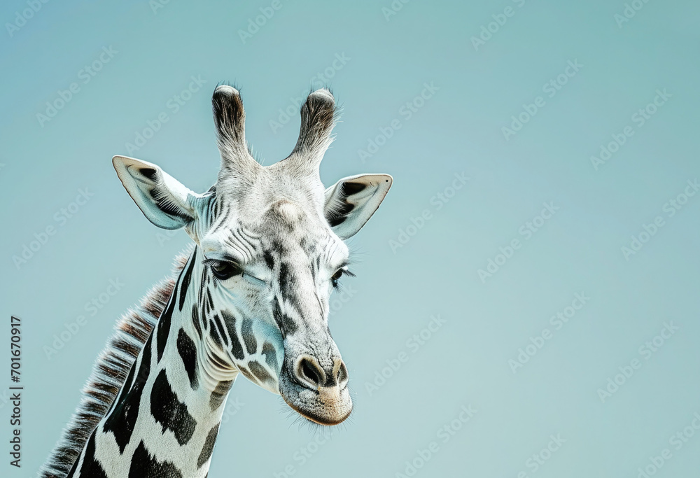 Obraz premium Giraffe with zebra stripes on pastel blue background. Ai generative art