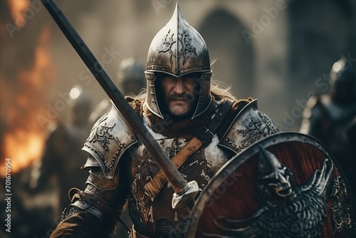 Portrait of medieval knight in armor and helmet on the battlefield.