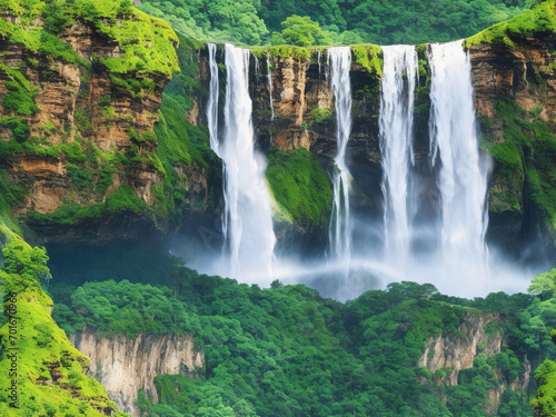 Majestic waterfall in a tropical mountainous landscape