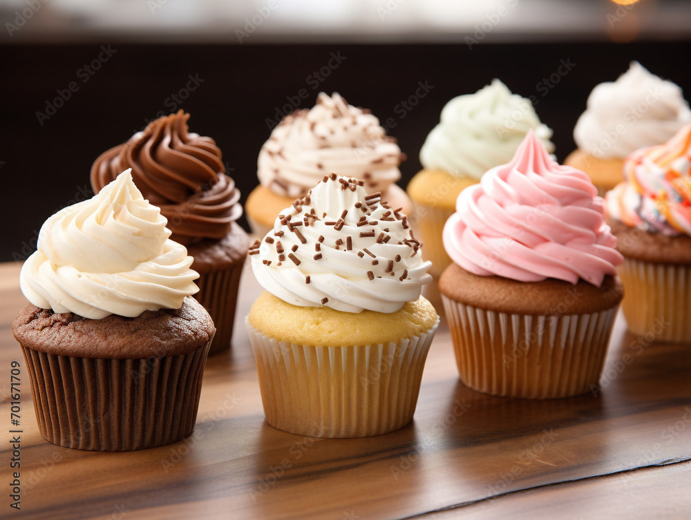 A vibrant assortment of delectable gourmet cupcakes on a display, tempting you to indulge.