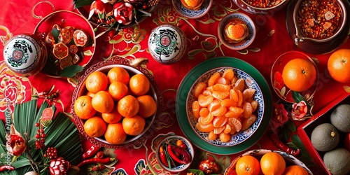 Table set for Chinese New Year celebration. Selective focus. Holiday. - Generative ai © Lukasz Czajkowski