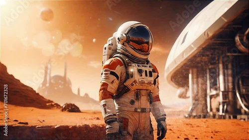 Astronaut in a spacesuit stands in front of a base on Mars loop photo