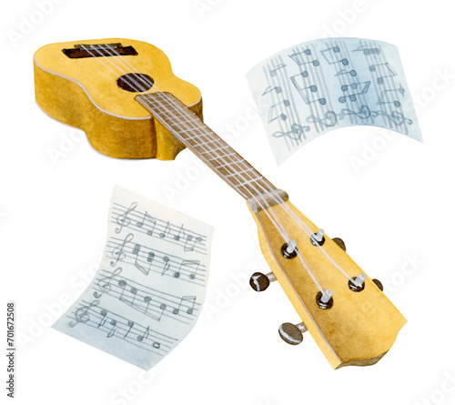 Side angle view of an isolated yellow soprano ukulele, headstock close up, two music sheet papers flying around