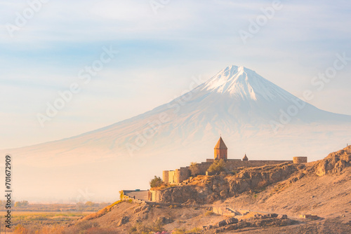 Closeup of Ararat mountains with the Khor Virap monastery at fall. Travel destination Armenia photo