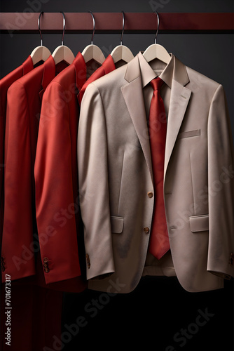 Rack of men suit jackets in gray and red colors hanging on the wooden clothes hanger in the wardrobe closet. Formal business wear, fashionable and luxury classic male apparel collection