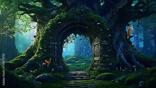 Magical archway entrance in a tree trunk forest fantasy with moss and butterflies loop