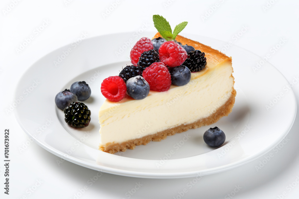 A slice of classic New York style cheesecake with berries and mint on top, on the white plate