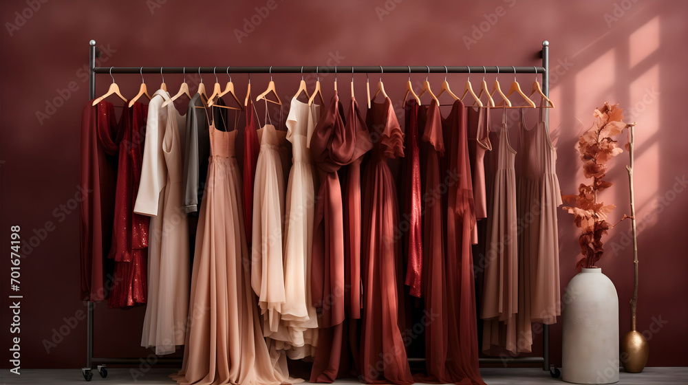 Full rack of long female dresses in various colors hanging on the wooden clothes hanger in the wardrobe closet. Vintage aesthetic woman garments, beautiful retro feminine apparel