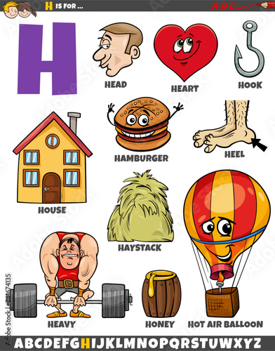 Letter H set with cartoon objects and characters