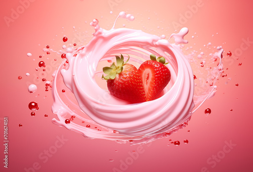 Strawberry and milk splashing on solid color background, 