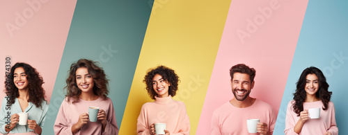 Collage Of People Portraits. women and men with coffee cup in hand on pastel background looking away to side with smile on face, natural expression. Laughing confident. photo