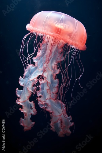 Deep ocean pink and orange colored jellyfish medusa, sea or aquarium underwater animal