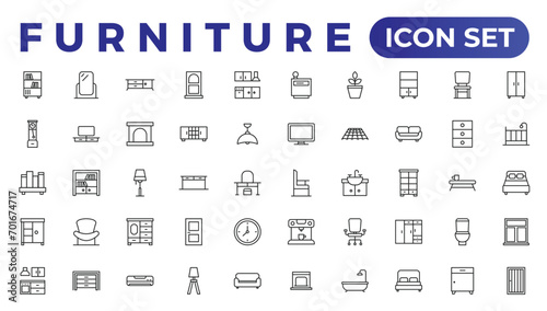 Furniture and home interior elements - thin line web icon set. Outline icons of kitchen, living room, bedroom and office collection