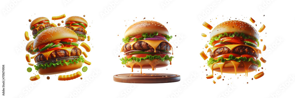 Set of Grill burger, realistic 3d burgers falling in the air, isolated over on transparent white background. - obrazy, fototapety, plakaty 