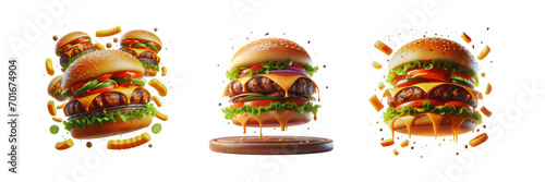 Set of Grill burger, realistic 3d burgers falling in the air, isolated over on transparent white background. photo