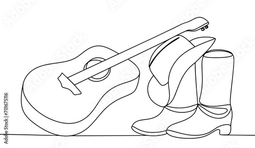 Guitar. Cowboy boots. Cowboy hat. One line