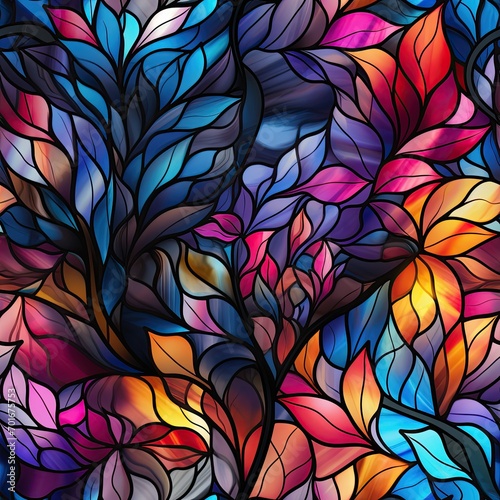 seamless pattern with texture of multicolored flowers on the stained glass windows