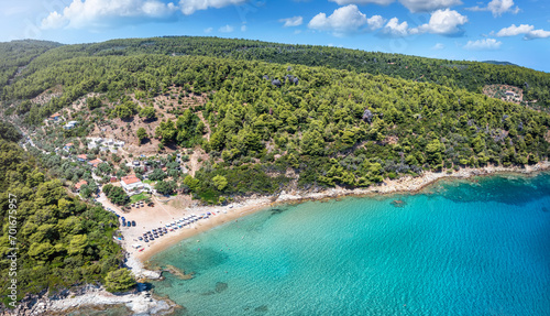 Aaerial view of the little beach of Vromoneri, close to the fishing village Katigiorgis, Mount Pelion, Greece © moofushi