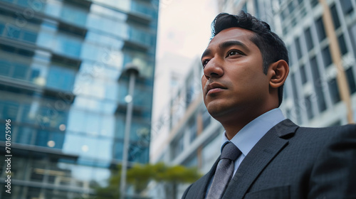 Confident Indian businessman staring into the distance in front of a modern office building, thinking about a successful future