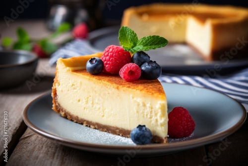 A slice of classic New York style cheesecake with berries and mint on top  on the blue plate