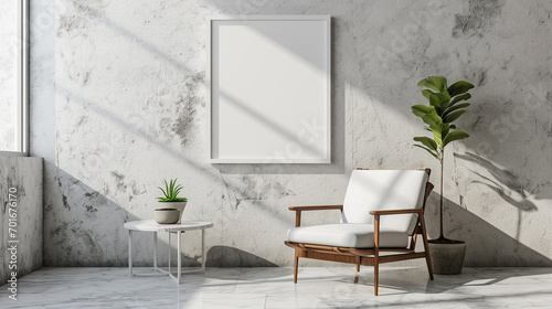 A white empty frame mockup on the wall above a mid-century modern-style chair  a marble side table  and a small succulent.