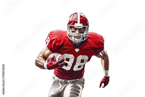 American football sportsman player with red equipment in action on a cut out PNG transparent background