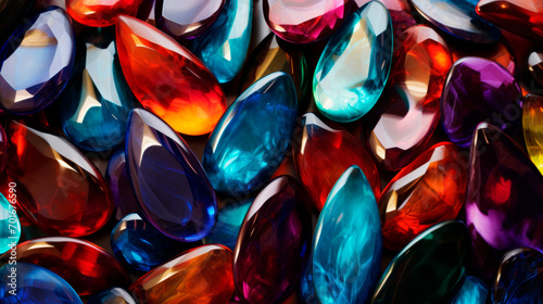 A scattering of multicolored gemstones of various shapes and sizes in blue, violet, visually textured mosaics. The beauty of natural minerals. Abstract background. Banner