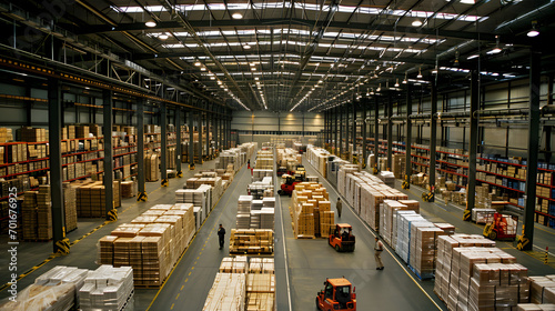 a major international logistics center, capturing the essence of global supply chains in action. The scene includes a vast warehouse filled with rows of merchandise, busy workers operating forklifts photo