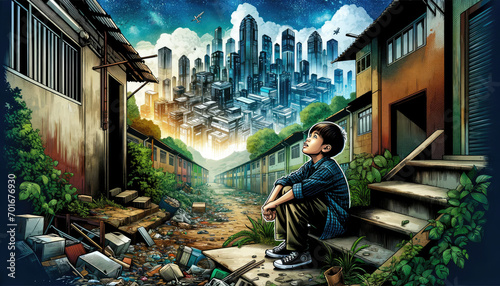 Hopeful Boy Dreaming of Eco-Friendly Future in Urban Junkyard - AI-Generated Illustration