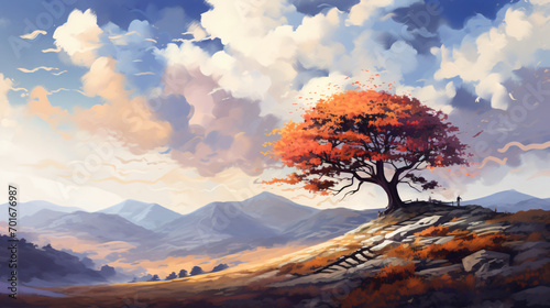 Autumn landscape with alone tree on mountain coming