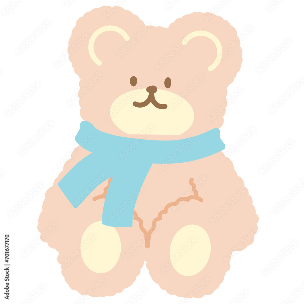 Obraz premium Teddy bear with pastel blue scarf for cartoon character for comic, mascot, cute animal sticker, pet icon, brand logo, pet icon, vet, fabric print, winter fashion, accessory, art, school, social media