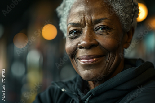 Close up portrait of a mature active black african american woman at the gym photo