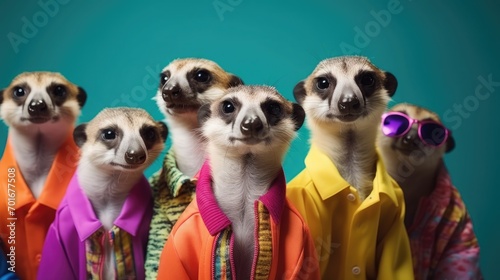 Animal idea that is original. Meerkat in a group, wearing colorful, trendy clothing, isolated on a background of solid color, with copy text space. invitation to a birthday party © kashif 2158