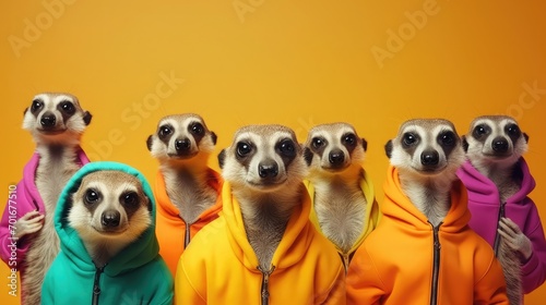Animal idea that is original. Meerkat in a group, wearing colorful, trendy clothing, isolated on a background of solid color, with copy text space. invitation to a birthday party