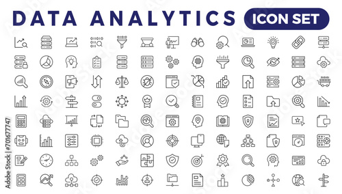 Data analytics web icons set in thin line design. Pack of database, big data process, ai, monitoring, traffic, hosting service, optimization, backup, chart and other. Vector outline stroke icon design